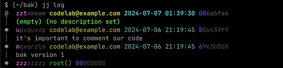 colorized output in jj log